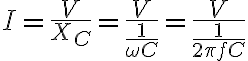 $I=\frac{V}{X_C}=\frac{V}{\frac1{\omega C}}=\frac{V}{\frac1{2\pi fC}}$